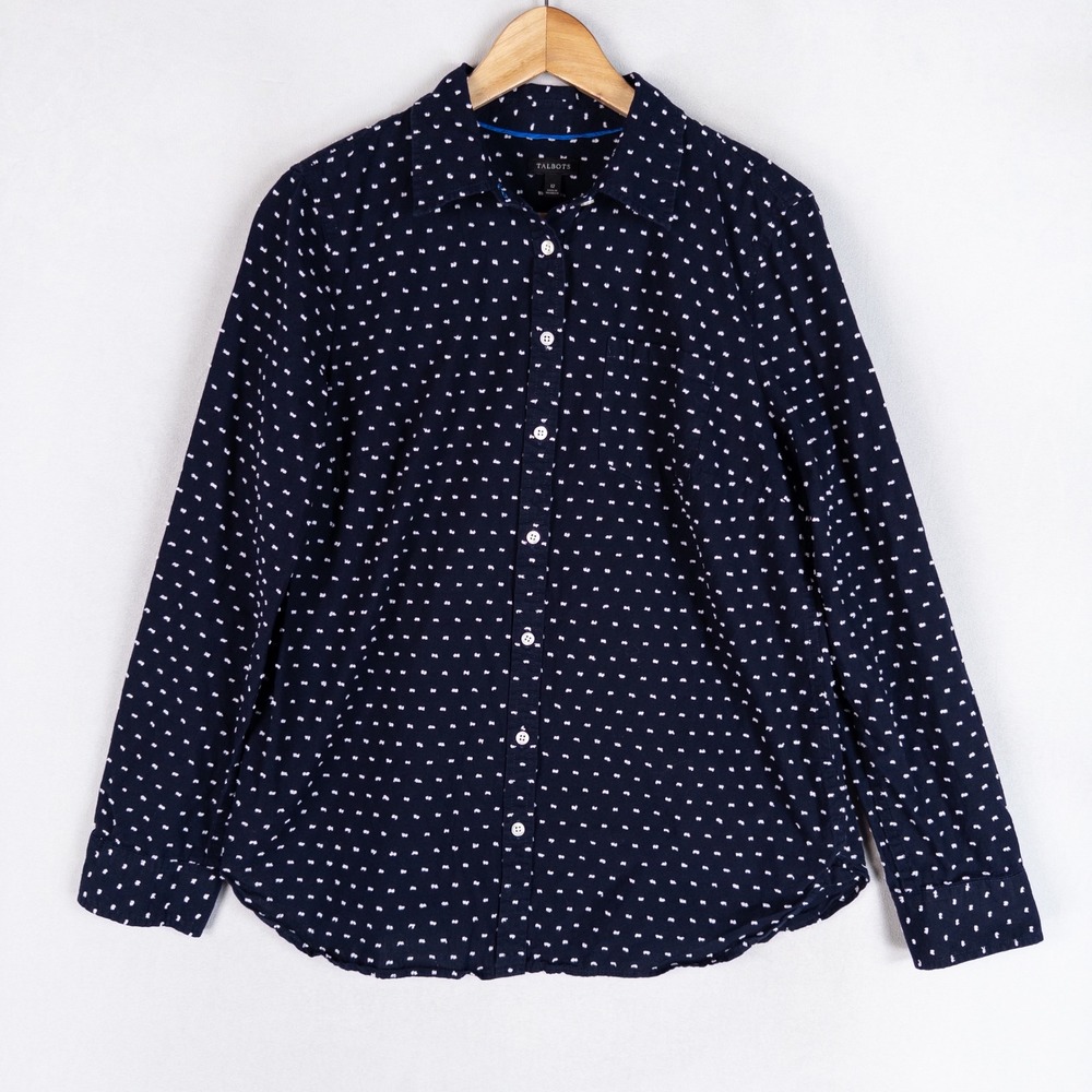 Talbots Womens Button Down Shirt Size 12 Navy Blue Clip Dot Cotton Long Sleeve